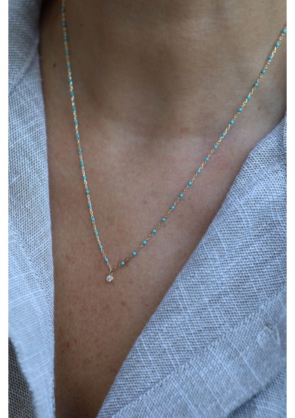 14 Ayar Altın Turkuaz Taşlı ve Tek Taş Detaylı Kolye fiyatları