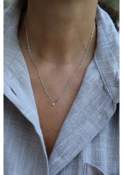 14 Ayar Altın Turkuaz Taşlı ve Tek Taş Detaylı Kolye indirimleri