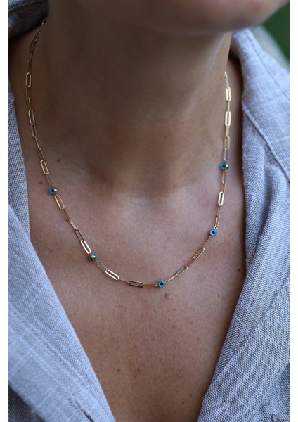 14 Ayar Altın Ataç Zincirli Göz Detaylı Kolye