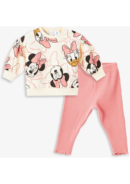 Lcw Baby Ekru Bisiklet Yaka Uzun Kollu Minnie Mouse Baskılı Kız Bebek Sweatshirt ve Tayt 2'li Takım