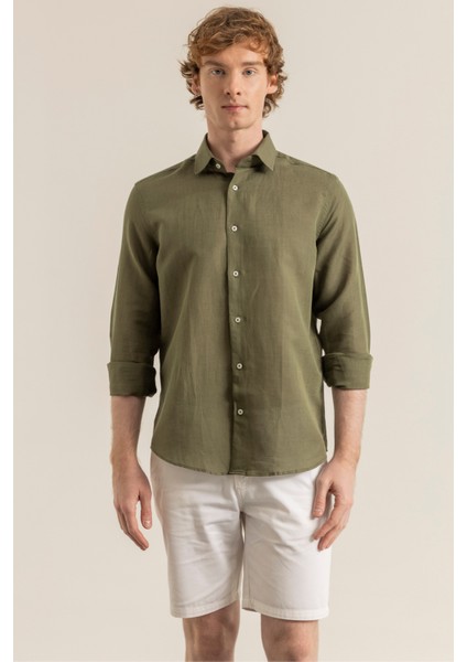 Erkek Haki Yeşil %100 Keten Modern Fit Cepsiz Gömlek