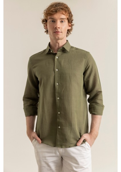 Erkek Haki Yeşil %100 Keten Modern Fit Cepsiz Gömlek modelleri