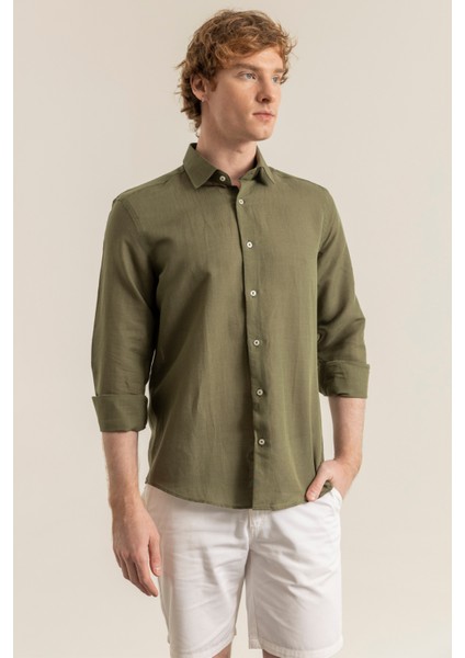 Erkek Haki Yeşil %100 Keten Modern Fit Cepsiz Gömlek fırsatları