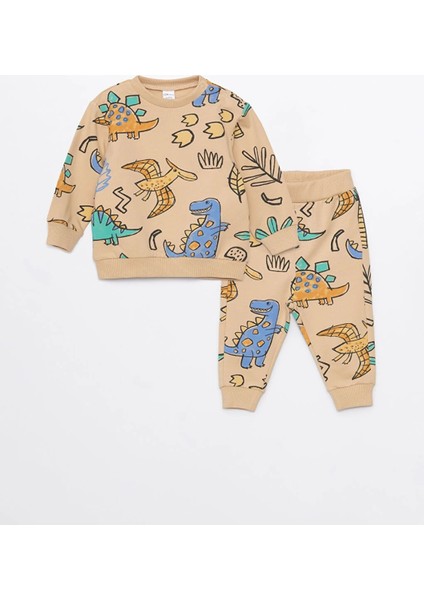 Lcw Baby Bej Bisiklet Yaka Uzun Kollu Baskılı Erkek Bebek Sweatshirt ve Eşofman Altı 2'li Takım