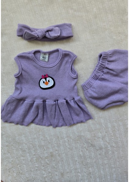 Lila Ribana Kız Çocuk Şort Bluz Bandana Penguen Keçeli Lila Çorap Set modelleri