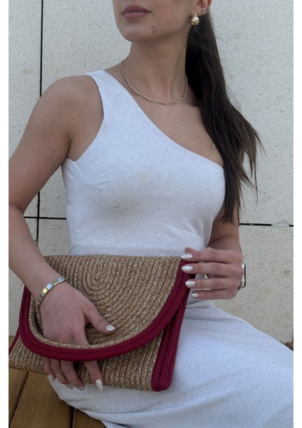 Kadın Clutch Çanta Hasır Desenli Hafif ve Dayanıklı Günlük Kullanım