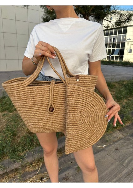 Lumos Fermuarlı Hasır Jüt Vegan Clutch Çanta, Düğmeli Kol Çantası