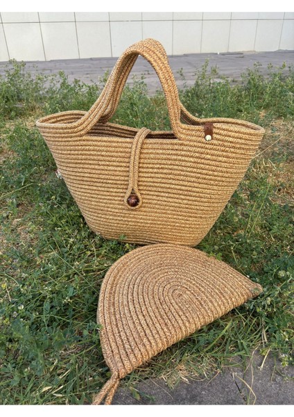 Lumos Fermuarlı Hasır Jüt Vegan Clutch Çanta, Düğmeli Kol Çantası