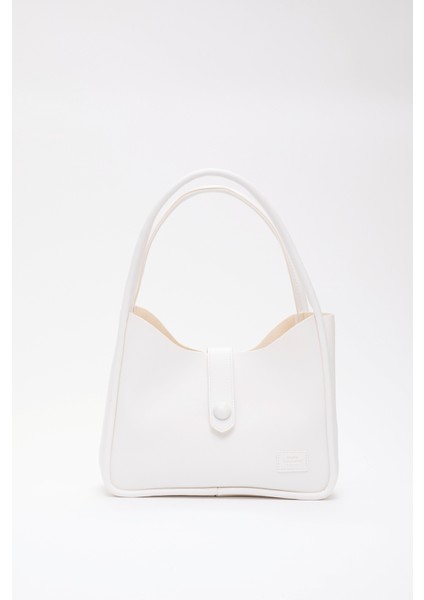 Beyaz Shk79 Deri Düğme Detaylı Çıtçıtlı Makyaj Çantalı Kol ve Omuz Çantası