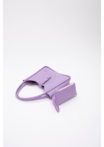 Lila Shk79 Deri Düğme Detaylı Çıtçıtlı Makyaj Çantalı Kol ve Omuz Çantası