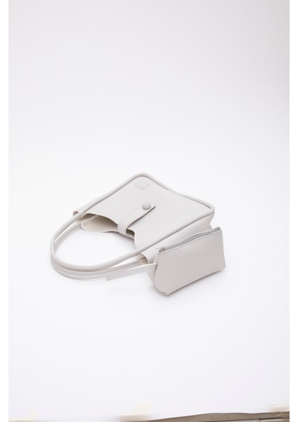 Gri Shk79 Deri Düğme Detaylı Çıtçıtlı Makyaj Çantalı Kol ve Omuz Çantası