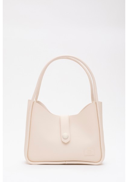 Krem Shk79 Deri Düğme Detaylı Çıtçıtlı Makyaj Çantalı Kol ve Omuz Çantası