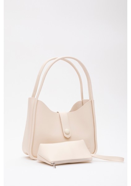 Krem Shk79 Deri Düğme Detaylı Çıtçıtlı Makyaj Çantalı Kol ve Omuz Çantası fiyatları