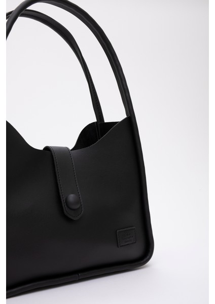 Siyah Shk79 Deri Düğme Detaylı Çıtçıtlı Makyaj Çantalı Kol ve Omuz Çantası modelleri