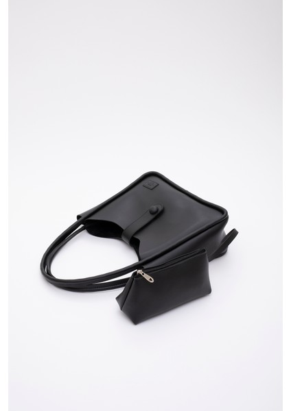 Siyah Shk79 Deri Düğme Detaylı Çıtçıtlı Makyaj Çantalı Kol ve Omuz Çantası