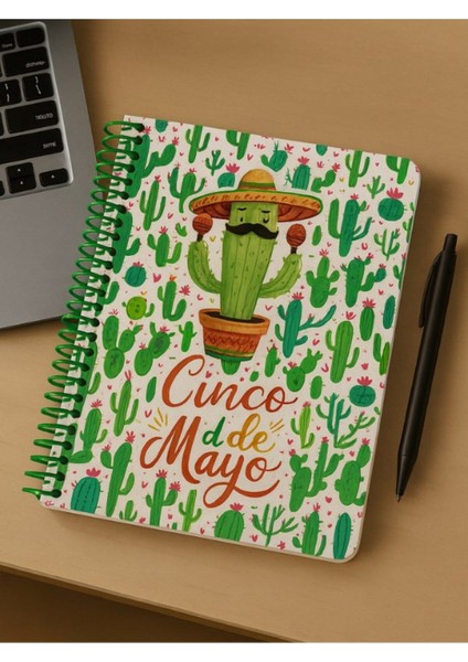 Öğrenci ve Ofis Kullanımı Eğlenceli ve Özgün Hediye Cinco De Mayo Kaktüs Temalı Spiral Kareli Defter