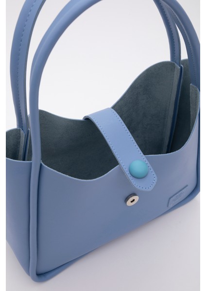 Mavi Shk79 Deri Düğme Detaylı Çıtçıtlı Makyaj Çantalı Kol ve Omuz Çantası