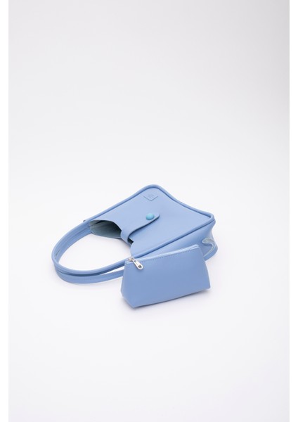 Mavi Shk79 Deri Düğme Detaylı Çıtçıtlı Makyaj Çantalı Kol ve Omuz Çantası