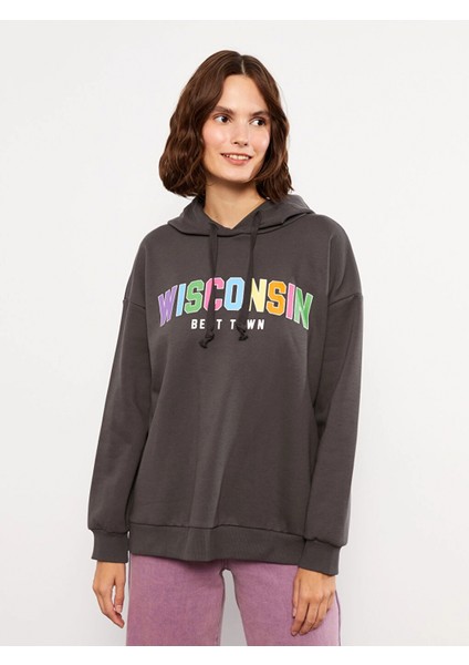 Lcw Vision Antrasit Kapüşonlu Baskılı Uzun Kollu Kadın Sweatshirt