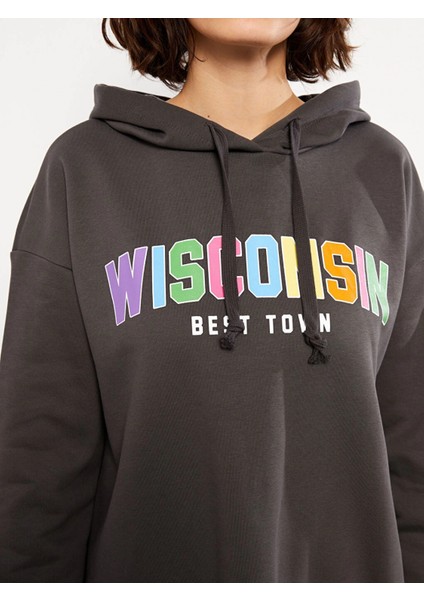 Lcw Vision Antrasit Kapüşonlu Baskılı Uzun Kollu Kadın Sweatshirt modelleri
