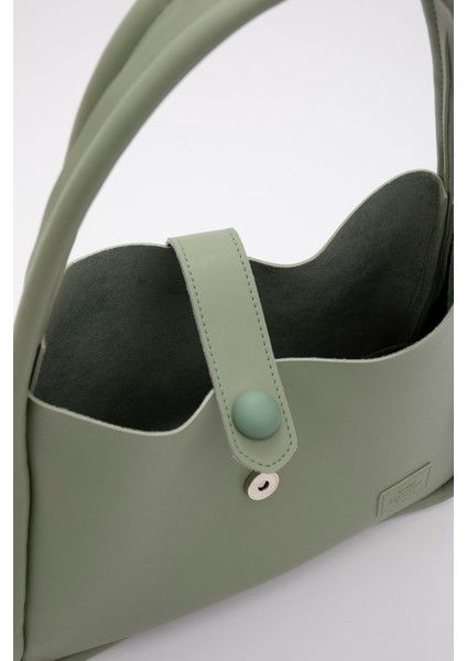 Mint Yeşil Shk79 Deri Düğme Detaylı Çıtçıtlı Makyaj Çantalı Kol ve Omuz Çantası