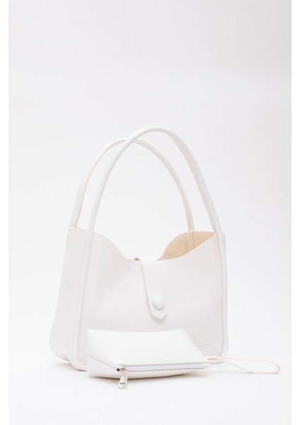 Beyaz Shk79 Deri Düğme Detaylı Çıtçıtlı Makyaj Çantalı Kol ve Omuz Çantası fiyatları