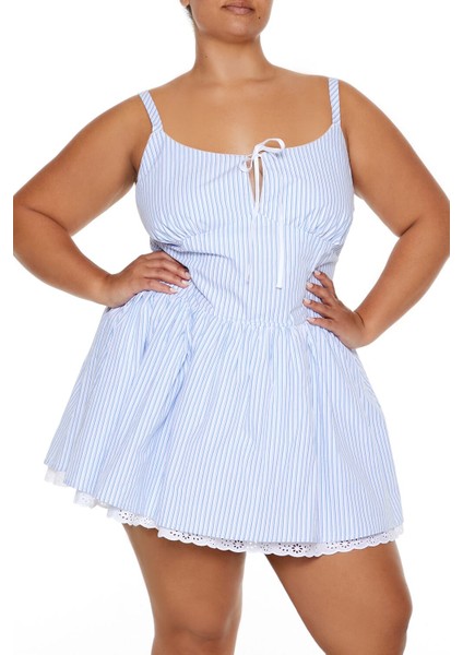 Plus Size Çizgili Mini Elbise