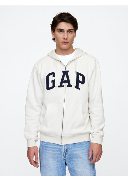 Erkek Beyaz Gap Logo Relaxed Fleece Fermuarlı Sweatshirt