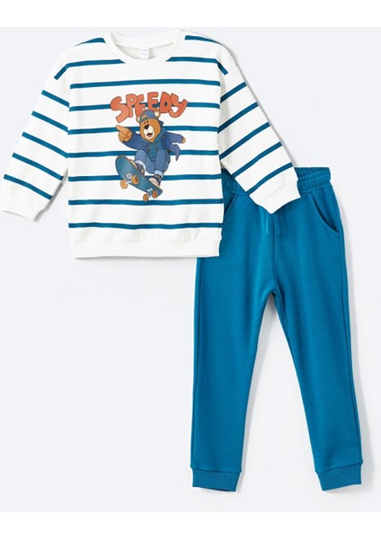 Lcw Kids Bej Bisiklet Yaka Çizgili Erkek Çocuk Sweatshirt ve Eşofman Alt 2'li