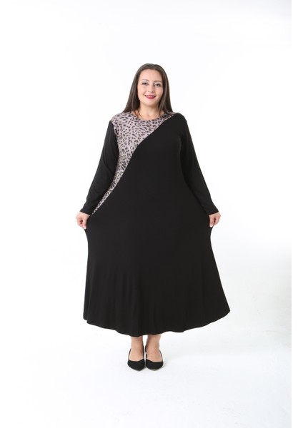 Kadın Likralı Viskon Kumaş Siyah Renk Desenli Büyük Beden Elbise