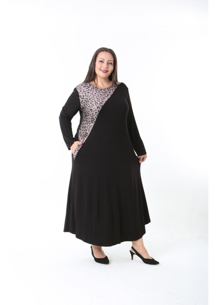 Kadın Likralı Viskon Kumaş Siyah Renk Desenli Büyük Beden Elbise fiyatları