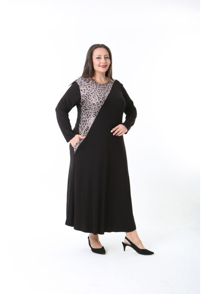Kadın Likralı Viskon Kumaş Siyah Renk Desenli Büyük Beden Elbise modelleri