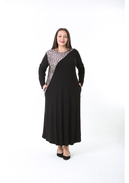 Kadın Likralı Viskon Kumaş Siyah Renk Desenli Büyük Beden Elbise fırsatları