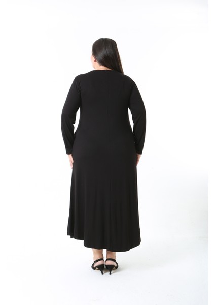 Kadın Likralı Viskon Kumaş Siyah Renk Desenli Büyük Beden Elbise indirimleri