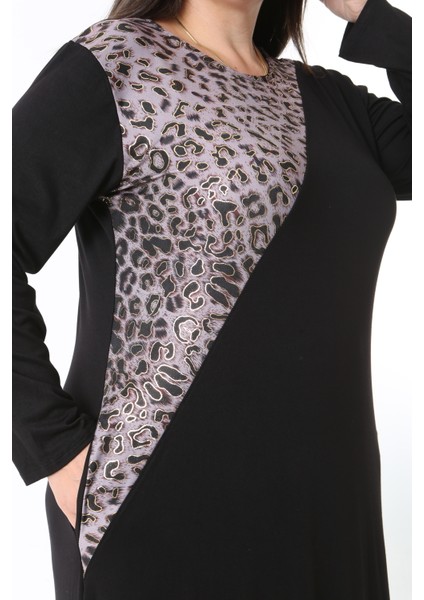 Kadın Likralı Viskon Kumaş Siyah Renk Desenli Büyük Beden Elbise