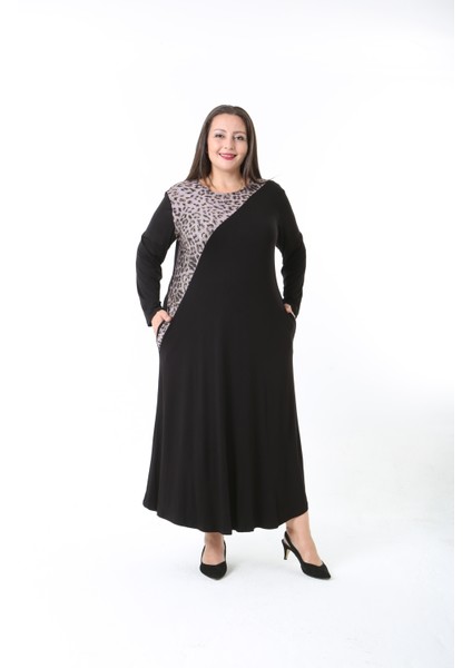 Kadın Likralı Viskon Kumaş Siyah Renk Desenli Büyük Beden Elbise