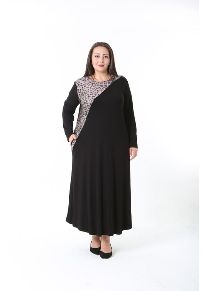 Kadın Likralı Viskon Kumaş Siyah Renk Desenli Büyük Beden Elbise