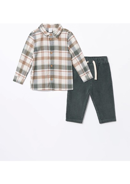 Lcw Baby Ekru Uzun Kollu Erkek Bebek Ekose Gömlek ve Pantolon 2'li Takım