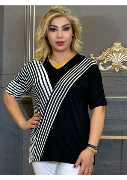 Bluz, Iki Pamuk Ipliği,baskılı Taş V Yaka Yüksek Kaliteli Yeşil ve Siyah Günlük Çizgili Kısa Kollu