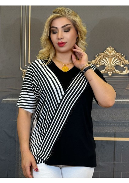 Bluz, Iki Pamuk Ipliği,baskılı Taş V Yaka Yüksek Kaliteli Yeşil ve Siyah Günlük Çizgili Kısa Kollu indirimleri