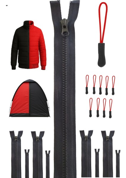 100 cm Kemik Dişli Fermuar Siyah – 10 Adet + Kırmızı Ipli Fermuar Çekme Ipi (Siyah Başlıklı)