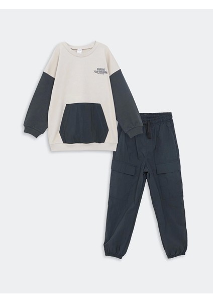 Lcw Kids Gri Bisiklet Yaka Uzun Kollu Baskılı Erkek Bebek Sweatshirt ve Eşofman Alt 2'li Takım