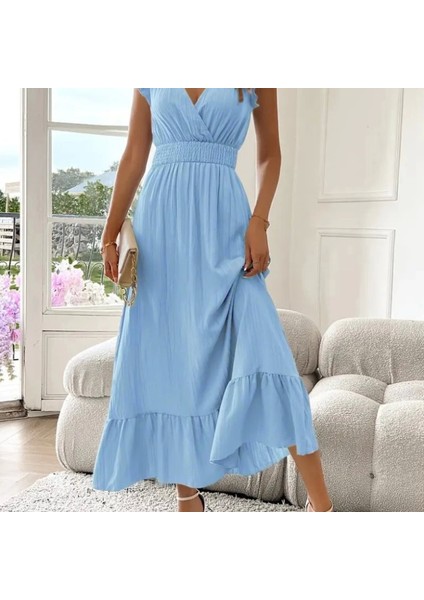 Kadın Kısa Kollu Kruvaze Yakalı Beli Lastikli Müslim Elbise