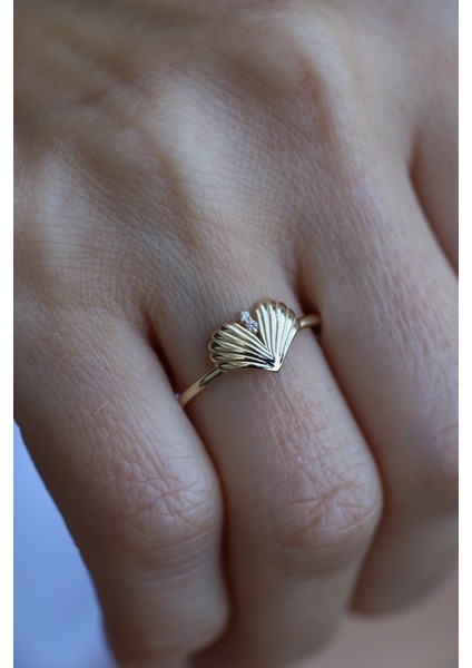 14 Ayar Altın Çifte Taş Detaylı Midye Yüzük modelleri