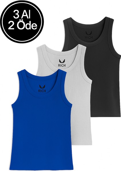 Kadın 3'lü Paket Antrasit-Gri-Saks Mavi Sıfır Kol Kaşkorse Body-Bisiklet Yaka %100 Pamuk Atlet Bluz