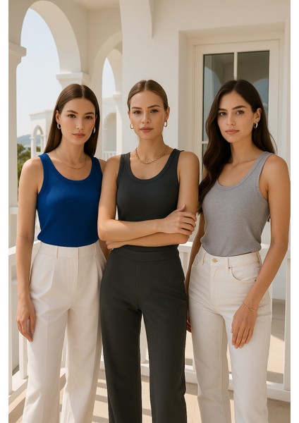 Kadın 3'lü Paket Antrasit-Gri-Saks Mavi Sıfır Kol Kaşkorse Body-Bisiklet Yaka %100 Pamuk Atlet Bluz fiyatları