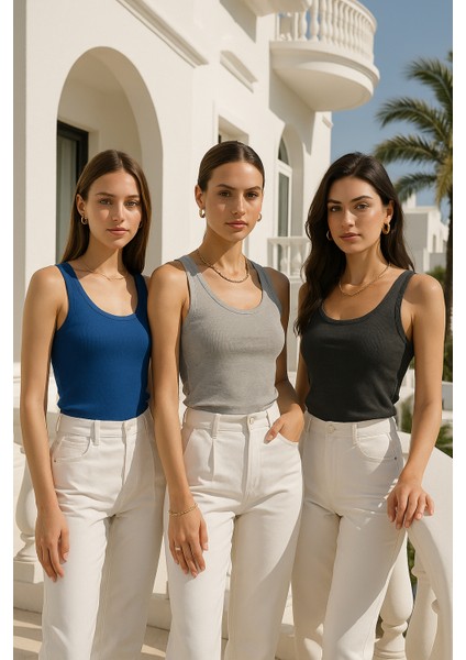 Kadın 3'lü Paket Antrasit-Gri-Saks Mavi Sıfır Kol Kaşkorse Body-Bisiklet Yaka %100 Pamuk Atlet Bluz modelleri