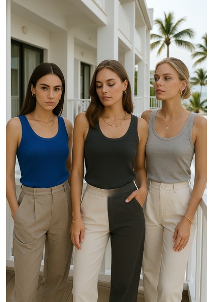 Kadın 3'lü Paket Antrasit-Gri-Saks Mavi Sıfır Kol Kaşkorse Body-Bisiklet Yaka %100 Pamuk Atlet Bluz fırsatları