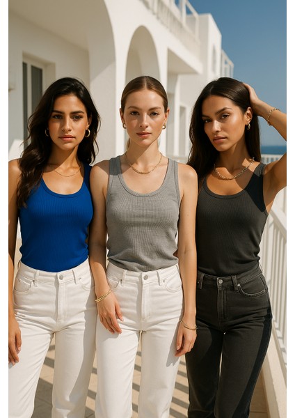 Kadın 3'lü Paket Antrasit-Gri-Saks Mavi Sıfır Kol Kaşkorse Body-Bisiklet Yaka %100 Pamuk Atlet Bluz indirimleri