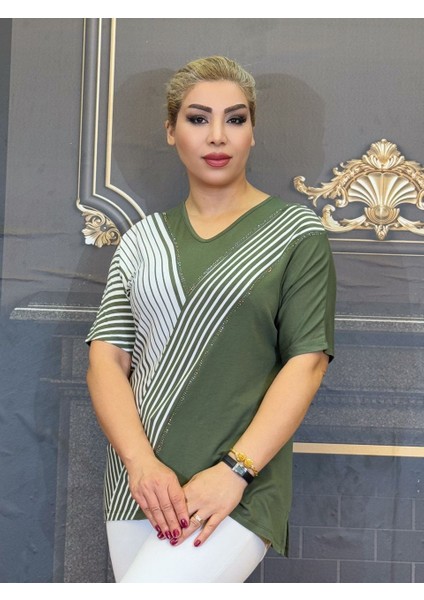 Bluz, Iki Pamuk Ipliği,baskılı Taş V Yaka Yüksek Kaliteli Yeşil ve Siyah Günlük Çizgili Kısa Kollu